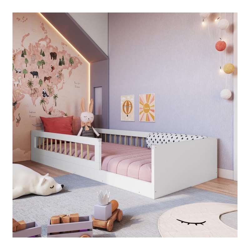 Completa Móveis Cama Infantil de Chão Montessoriana Solteiro com Grade